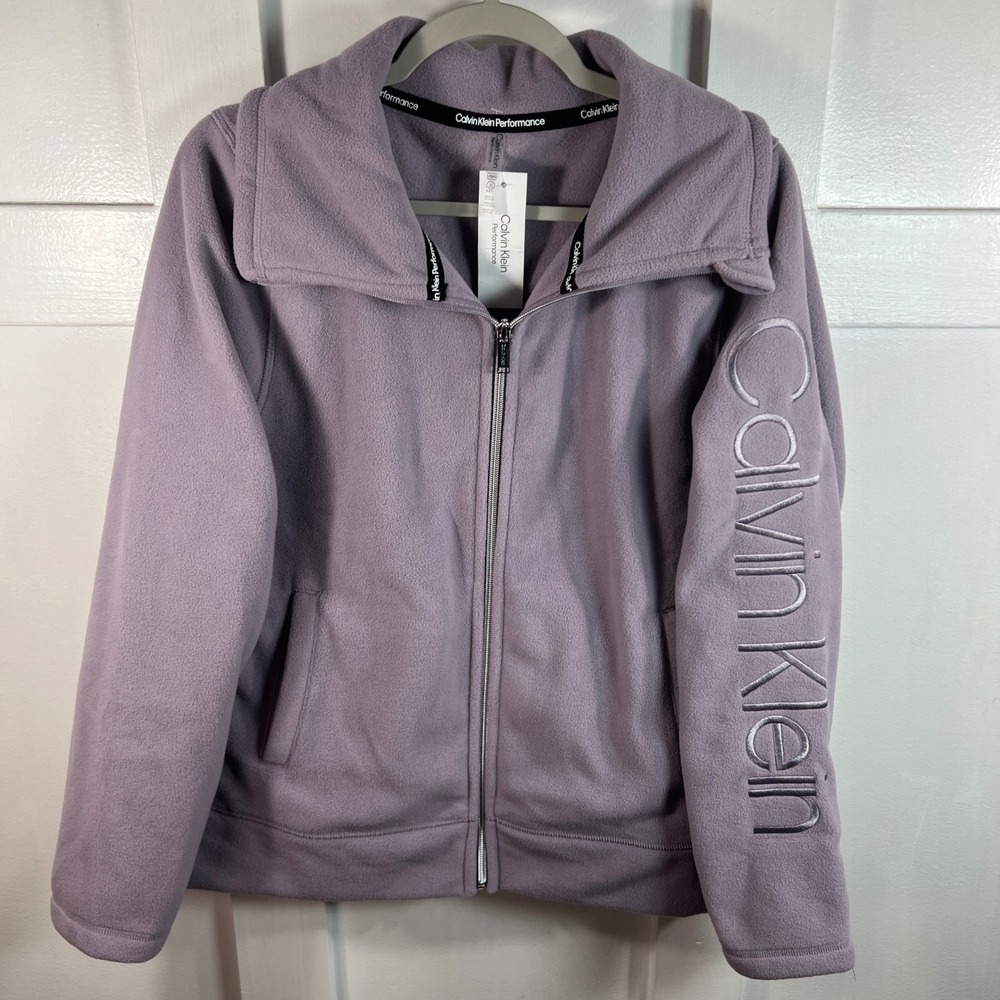 Calvin Klein‎ Performance Womens Fleece Full Zip Jacket w Sleeve Design Purple L - Picture 2 of 11